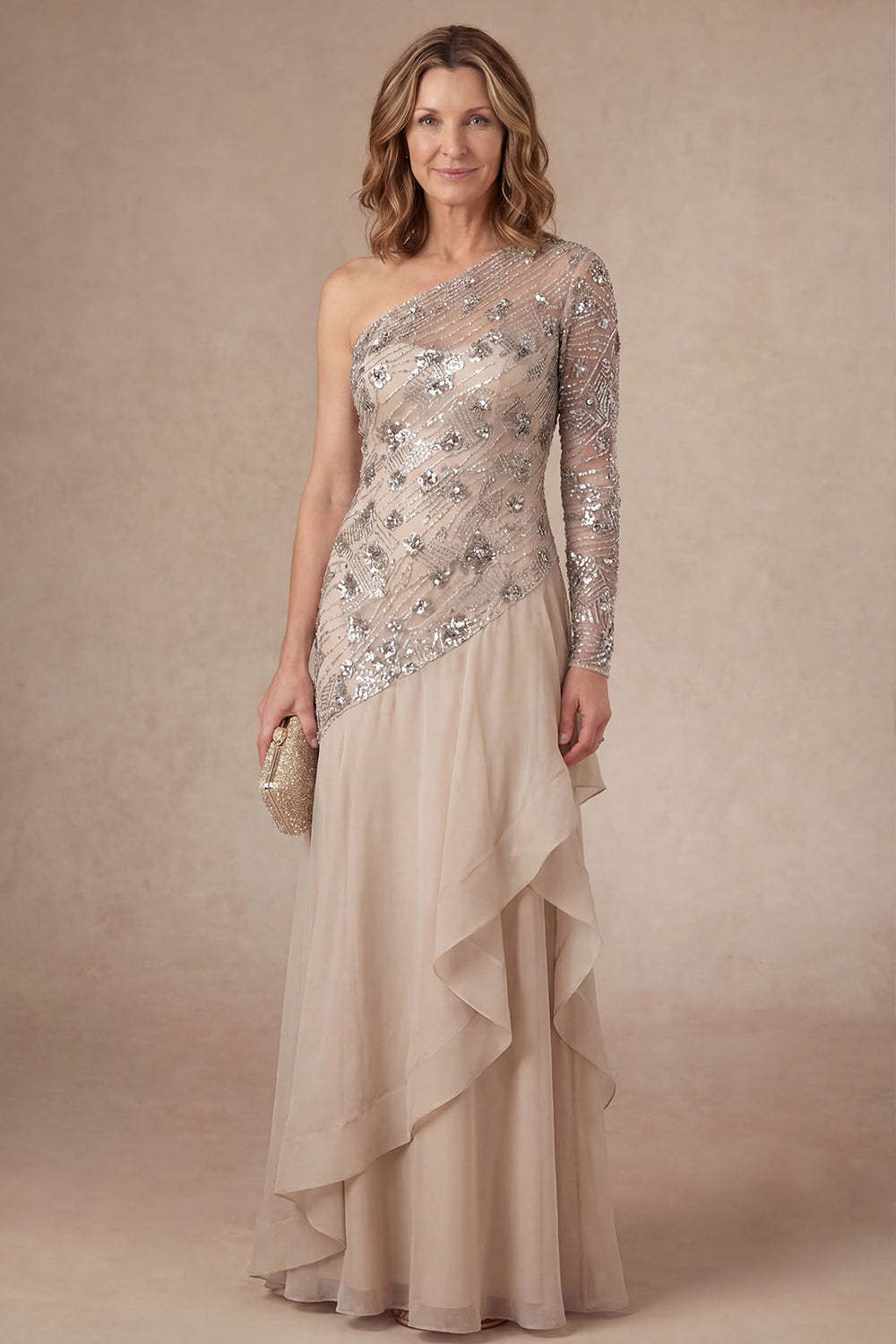 Leely Women Apricot One Shoulder Ruffled Sparkly Long Mother of the Bride Dress Beaded Appliqued Backless Wedding Guest Dress