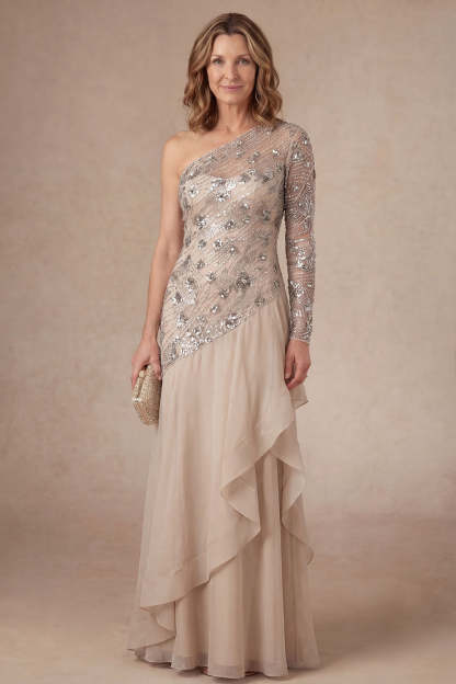 Leely Women Apricot One Shoulder Ruffled Sparkly Long Mother of the Bride Dress Beaded Appliqued Backless Wedding Guest Dress