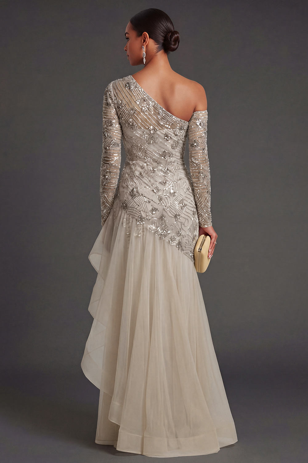 Apricot One Shoulder Ruffled Sparkly Beaded Long Formal Dress