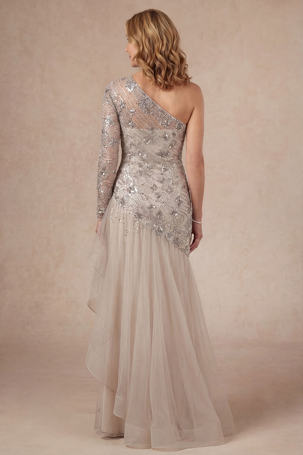 Apricot One Shoulder Ruffled Sparkly Beaded Long Mother of the Bride Dress