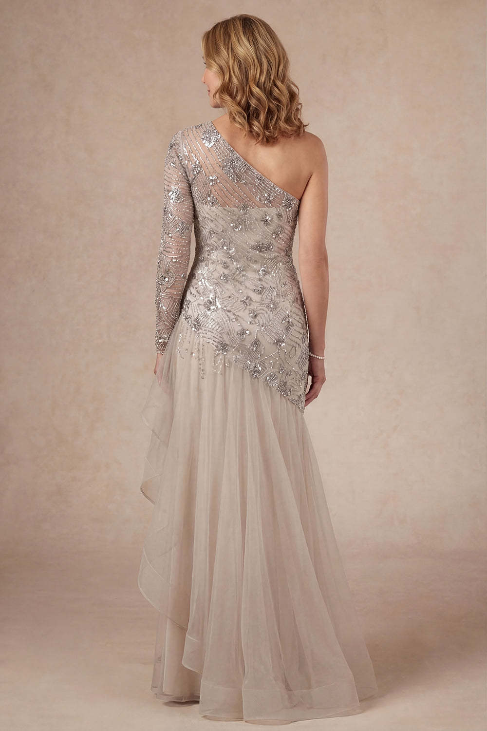 Apricot One Shoulder Ruffled Sparkly Beaded Long Mother of the Bride Dress