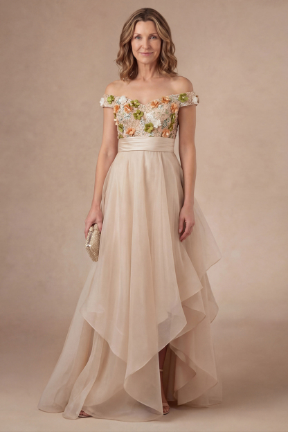 Leely Women Off the Shoulder Apricot Floral Long Mother of the Bride Dress with Slit Ruffled Appliqued Backless Formal Dress