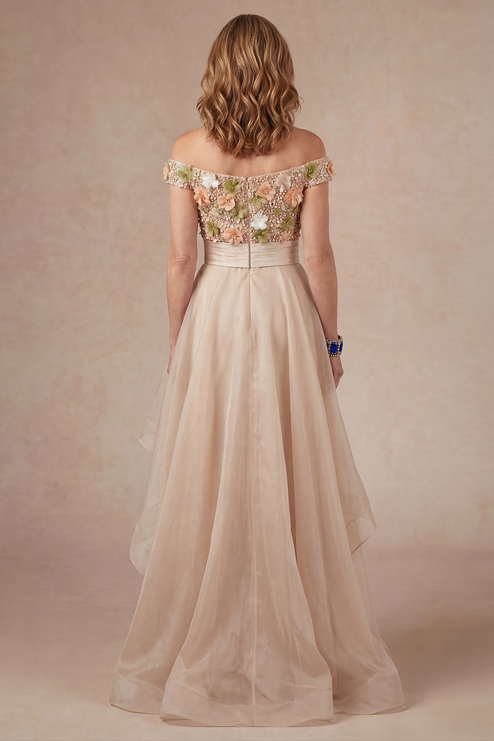 Off the Shoulder Apricot Floral Long Mother of the Bride Dress with Slit
