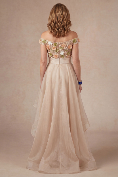 Off the Shoulder Apricot Floral Long Mother of the Bride Dress with Slit