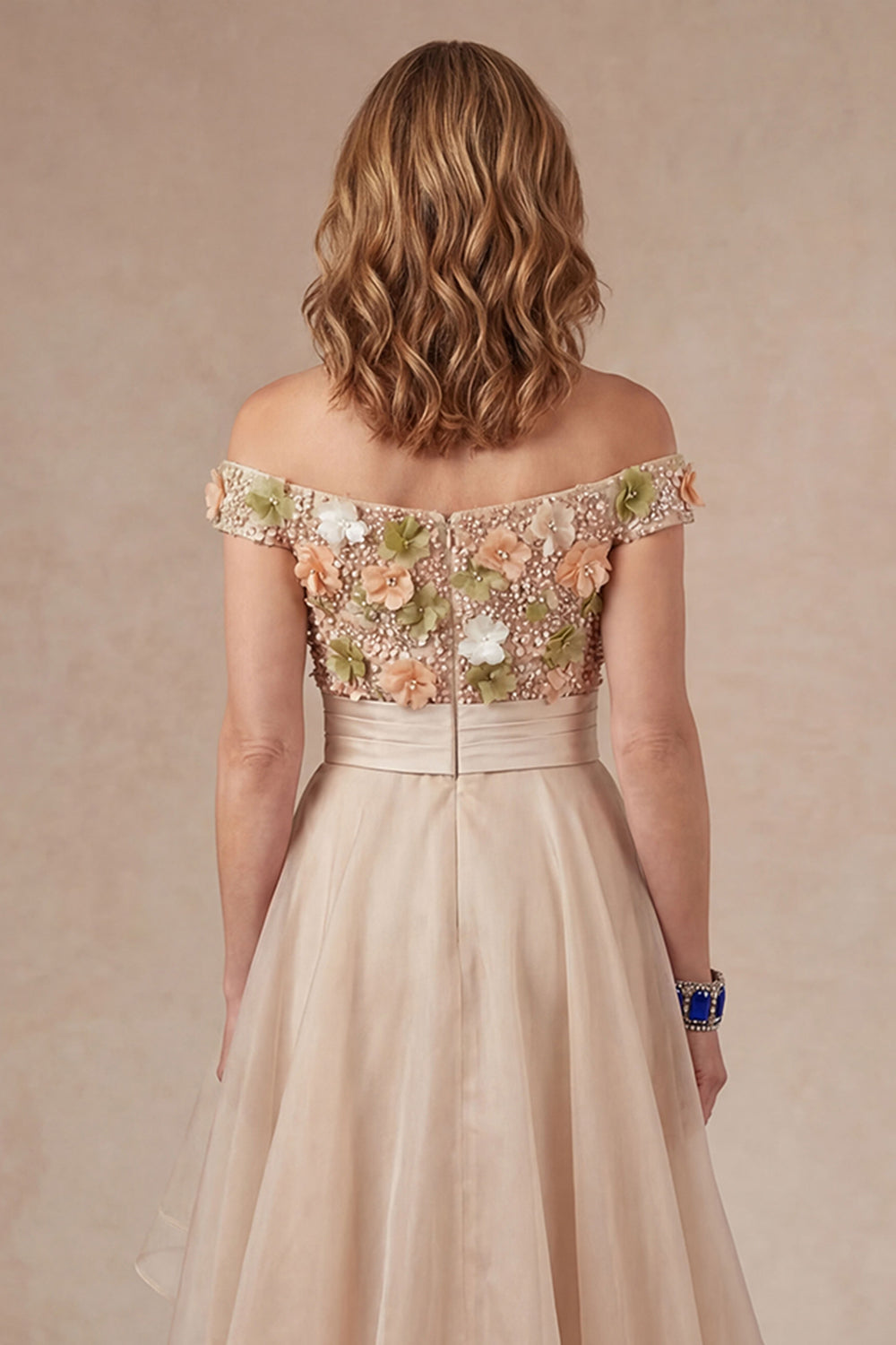 Off the Shoulder Apricot Floral Long Mother of the Bride Dress with Slit