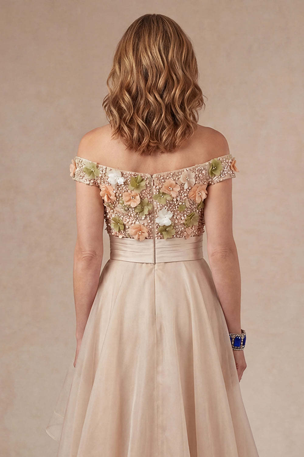 Off the Shoulder Apricot Floral Long Mother of the Bride Dress with Slit