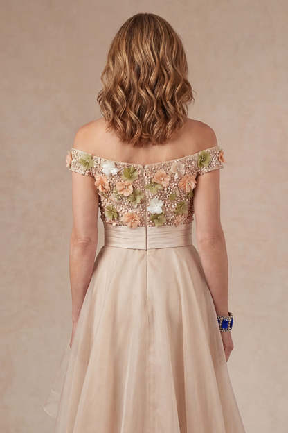 Off the Shoulder Apricot Floral Long Mother of the Bride Dress with Slit
