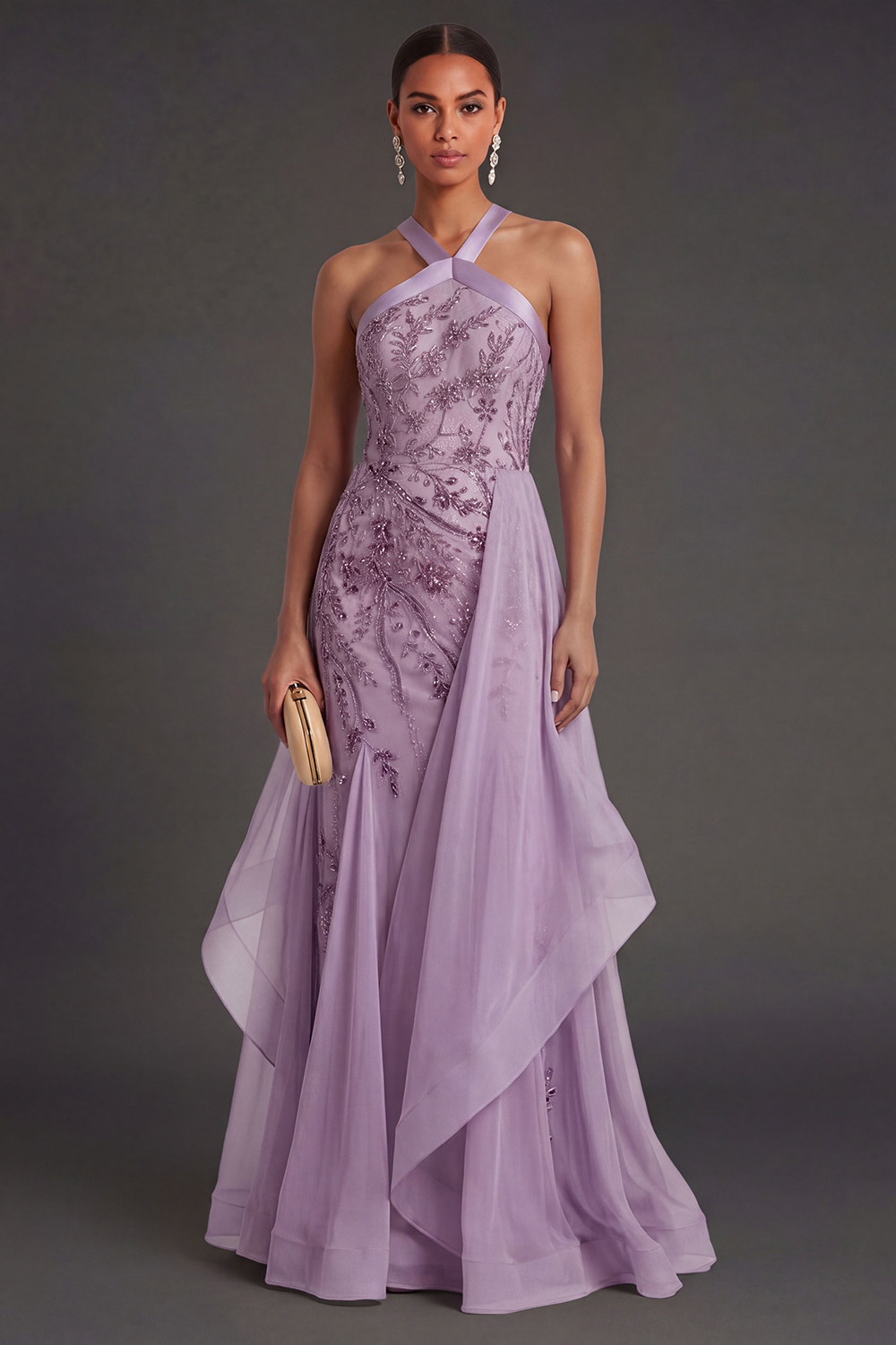 Purple Floral A Line Appliqued Halter Neck Long Formal Dress