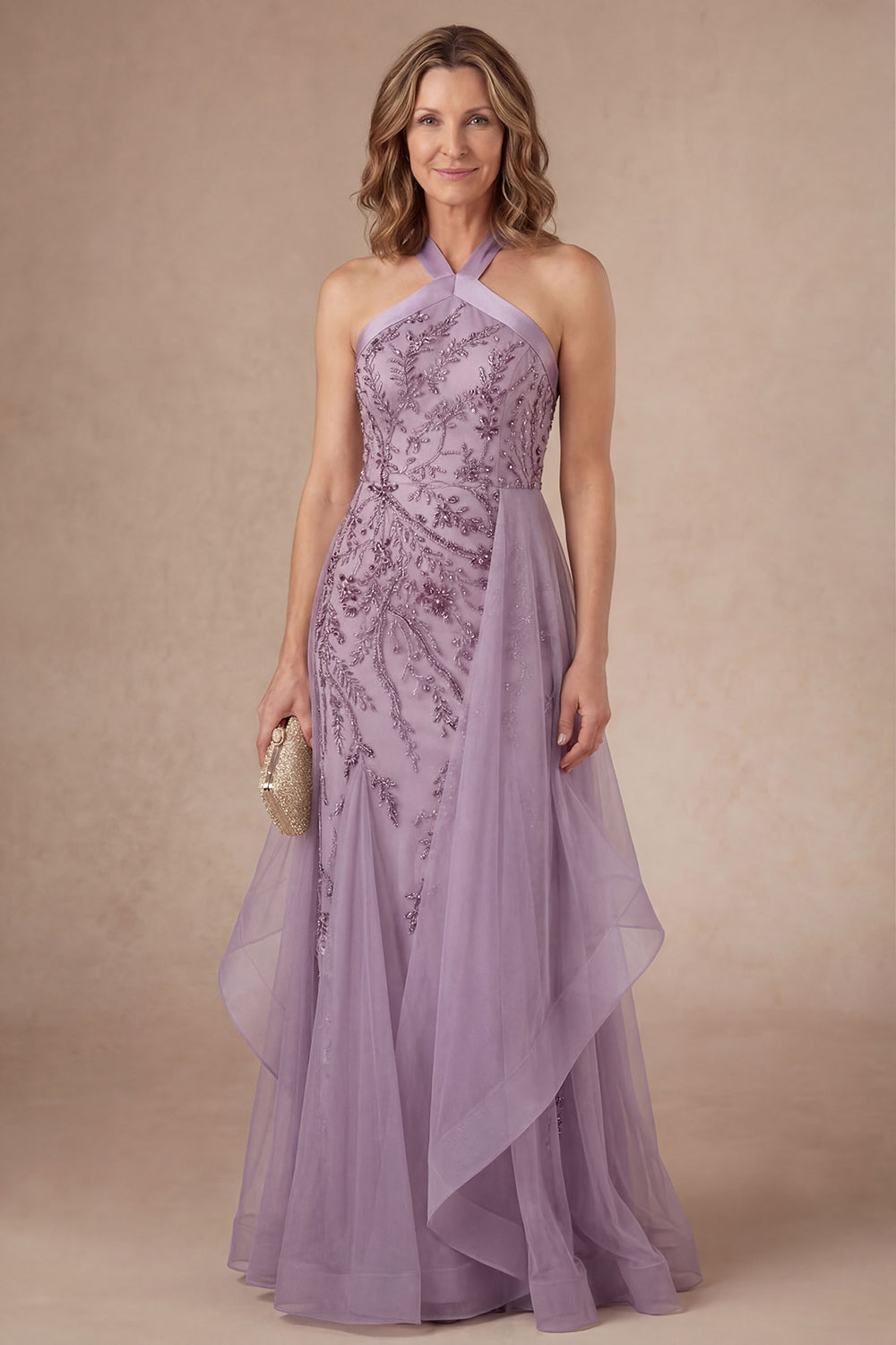 Leely Women Purple Floral A Line Halter Neck Long Mother of the Bride Dress Appliqued Backless Sleeveless Evening Dress