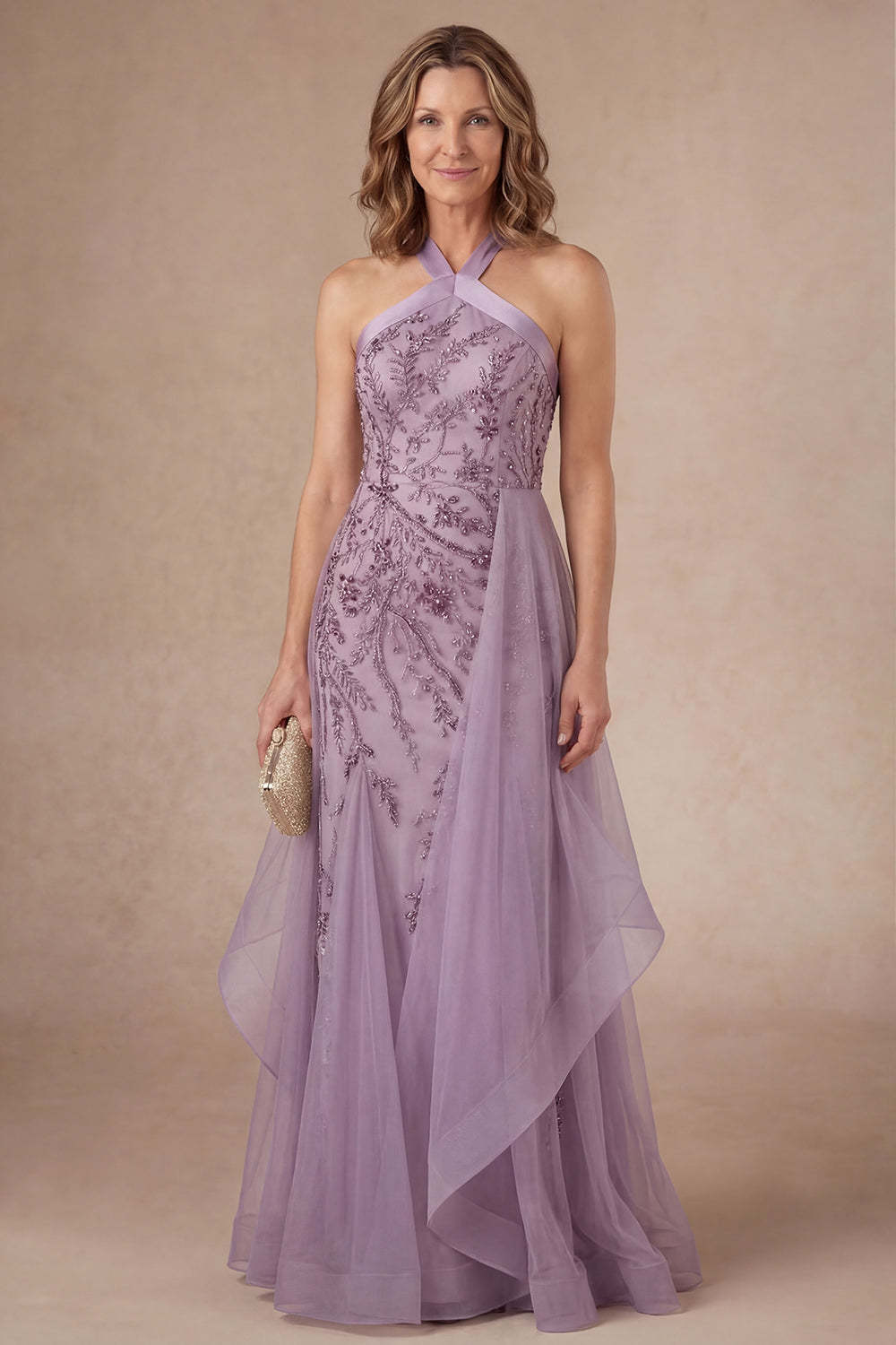 Leely Women Purple Floral A Line Halter Neck Long Mother of the Bride Dress Appliqued Backless Sleeveless Evening Dress