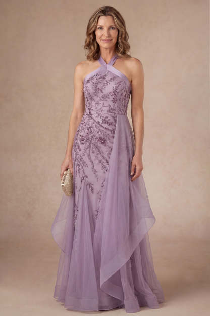 Leely Women Purple Floral A Line Halter Neck Long Mother of the Bride Dress Appliqued Backless Sleeveless Evening Dress