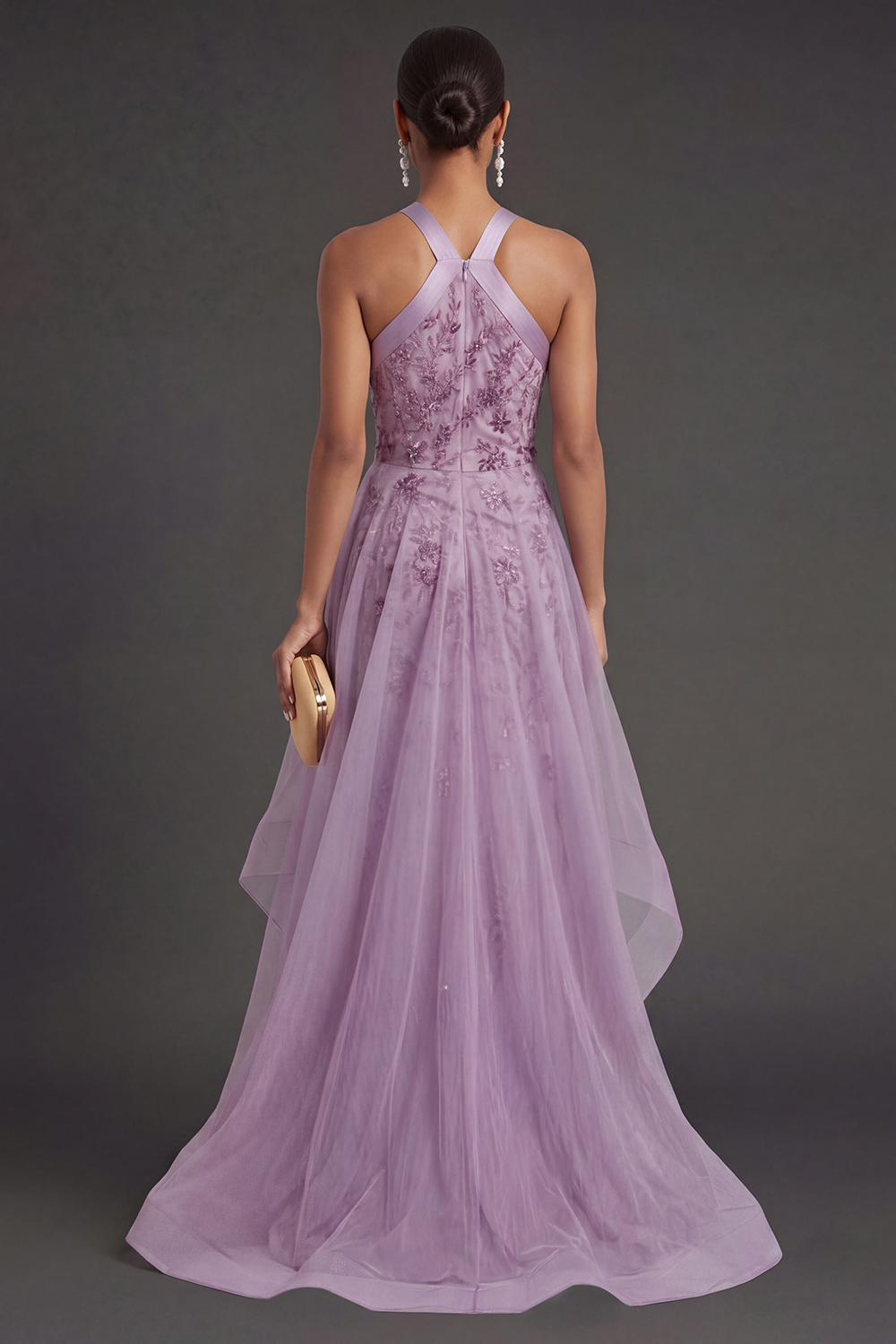 Purple Floral A Line Appliqued Halter Neck Long Formal Dress