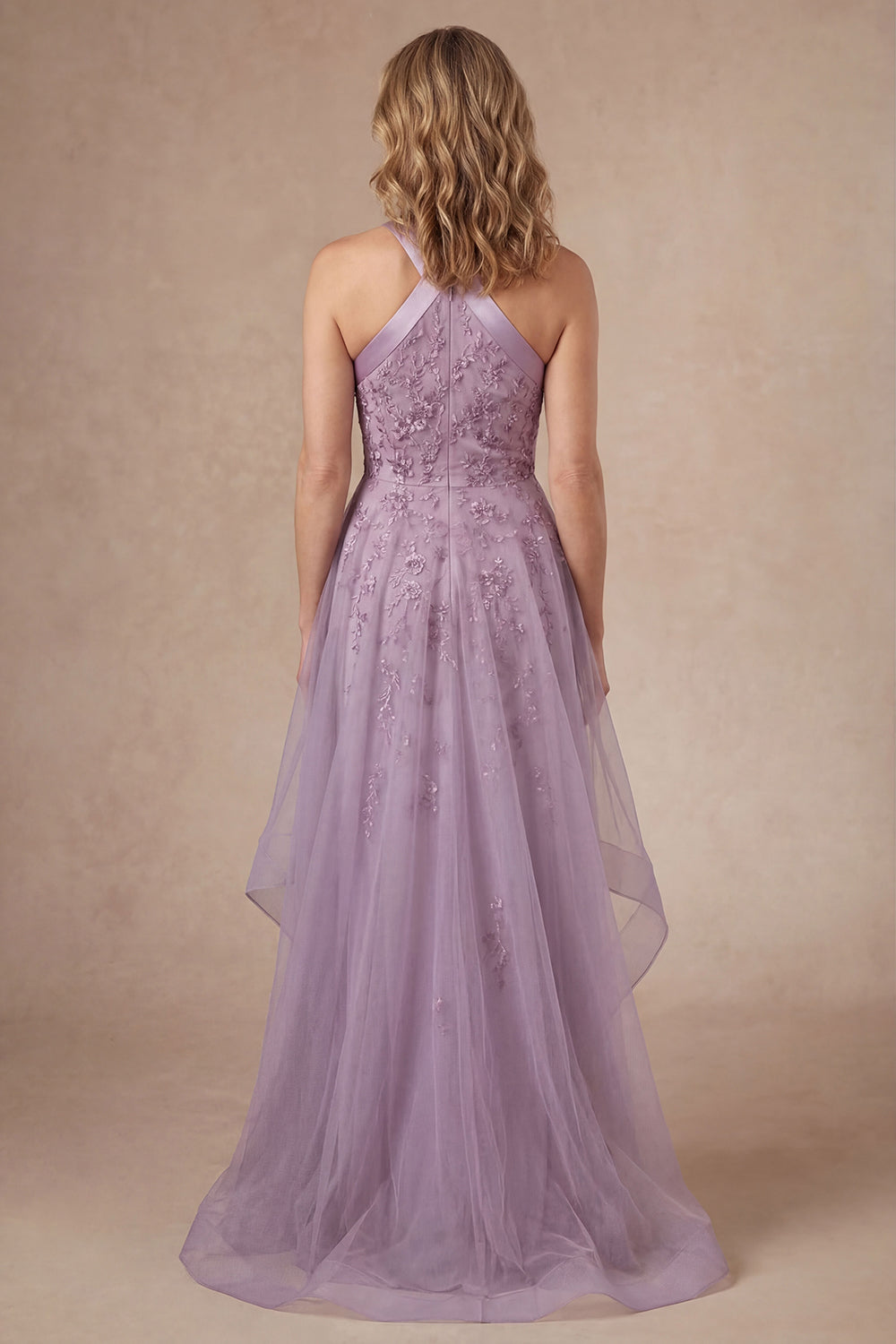 Purple Floral A Line Appliqued Halter Neck Long Mother of the Bride Dress