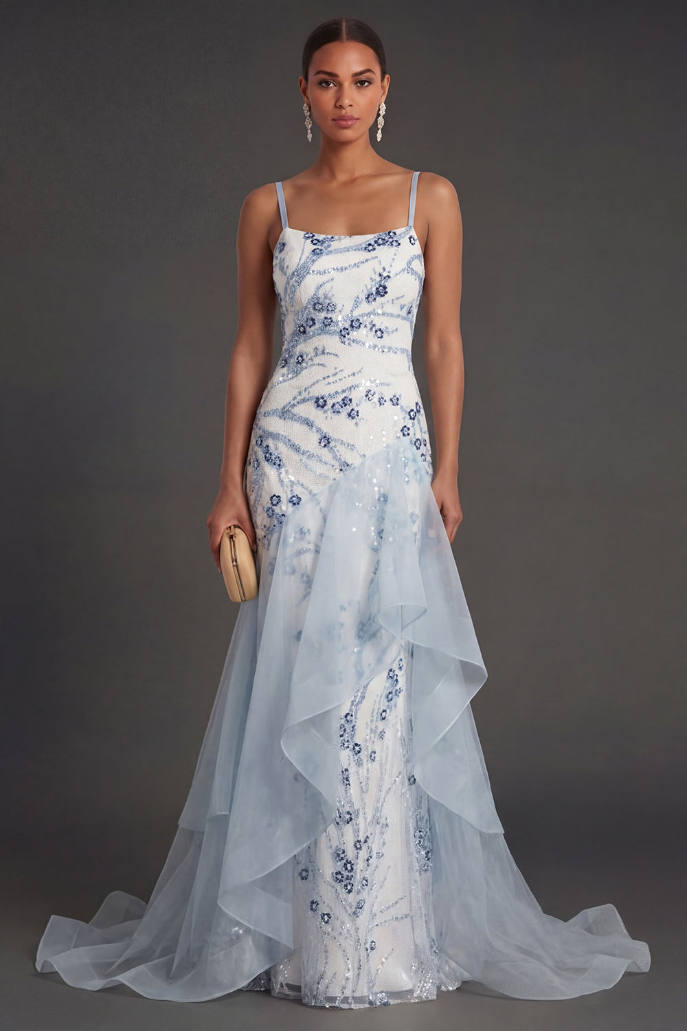 Light Blue Mermaid Sparkly Sequined Thick Straps Ruffled Long Formal Dress