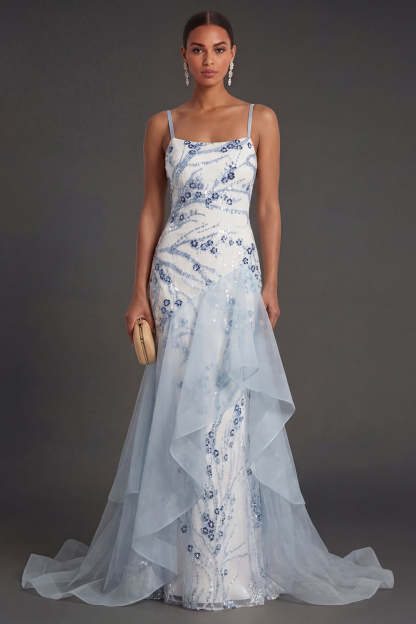 Leely Women Light Blue Mermaid Sparkly Thick Straps Ruffled Long Formal Dress Sequined Backless Sleeveless Wedding Guest Dress