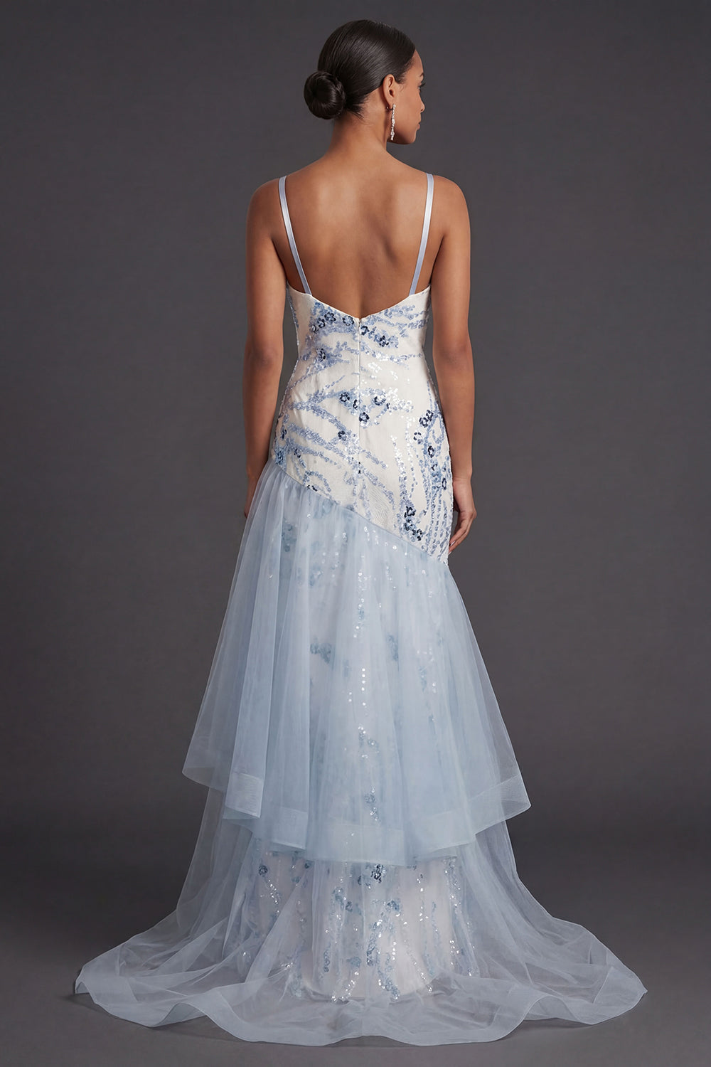 Light Blue Mermaid Sparkly Sequined Thick Straps Ruffled Long Formal Dress