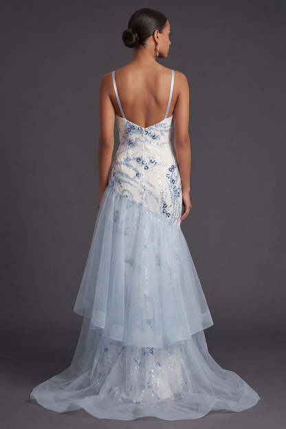 Light Blue Mermaid Sparkly Sequined Thick Straps Ruffled Long Formal Dress