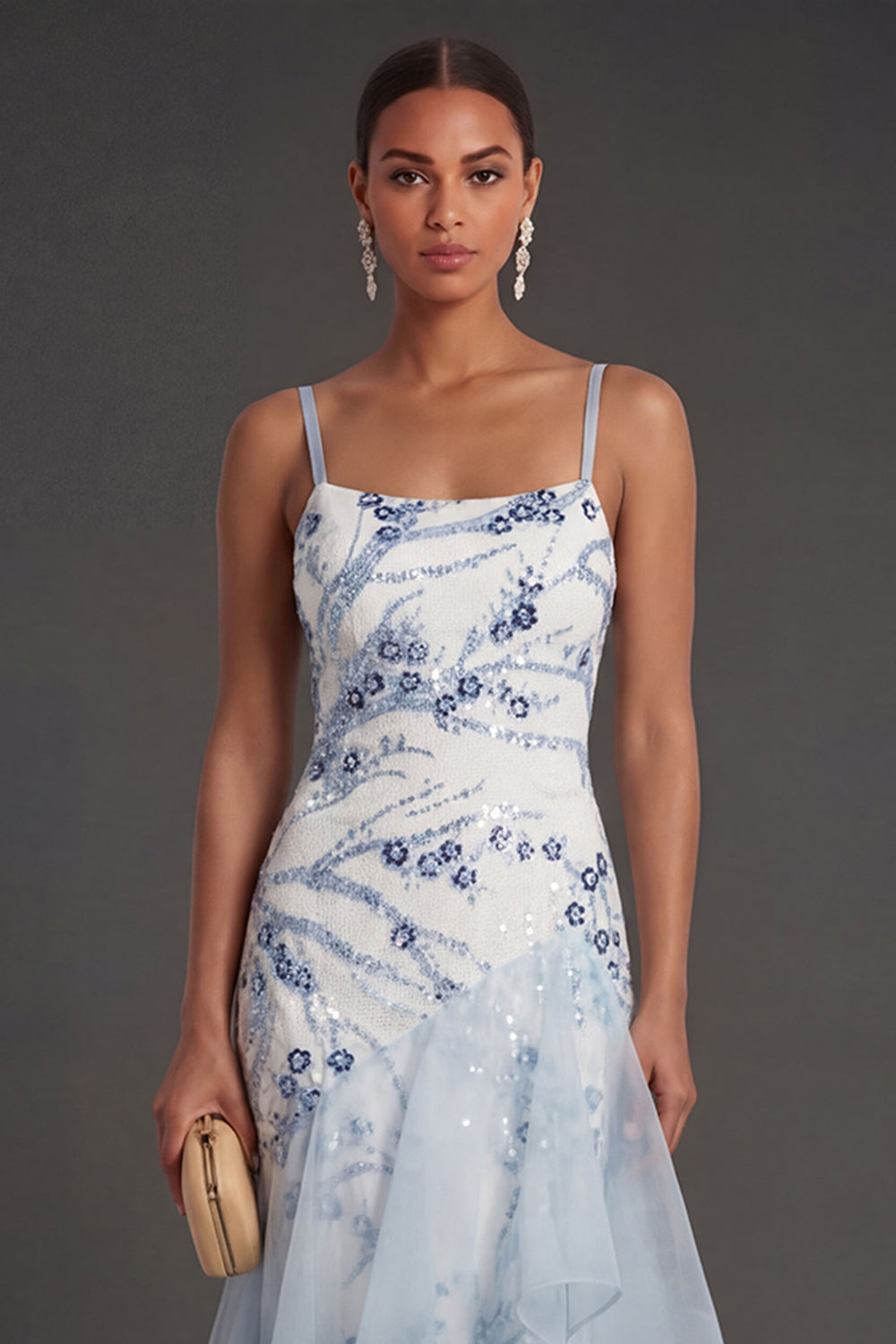 Light Blue Mermaid Sparkly Sequined Thick Straps Ruffled Long Formal Dress