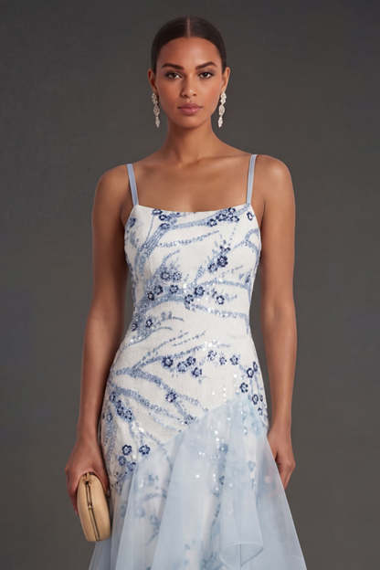 Light Blue Mermaid Sparkly Sequined Thick Straps Ruffled Long Formal Dress