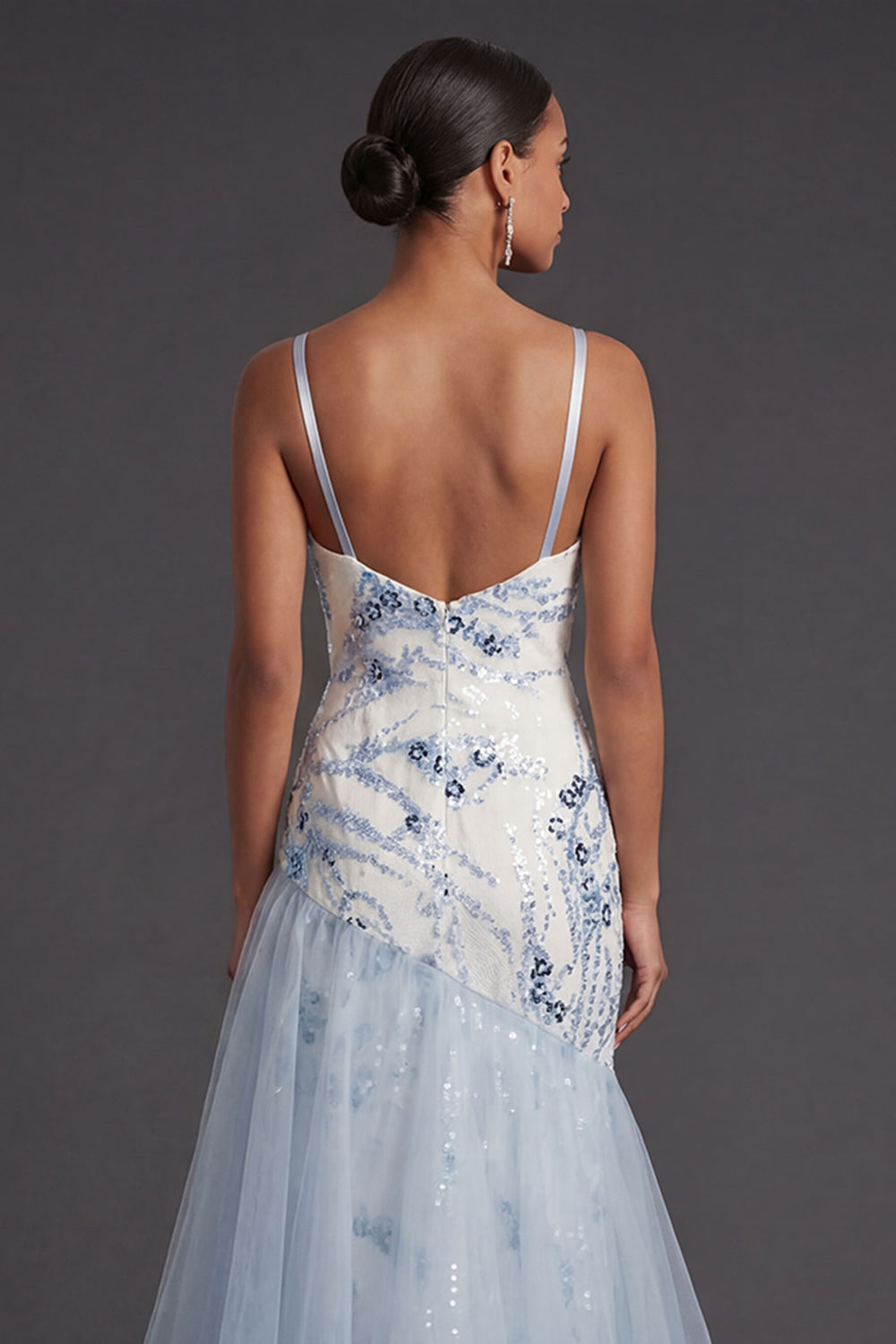 Light Blue Mermaid Sparkly Sequined Thick Straps Ruffled Long Formal Dress