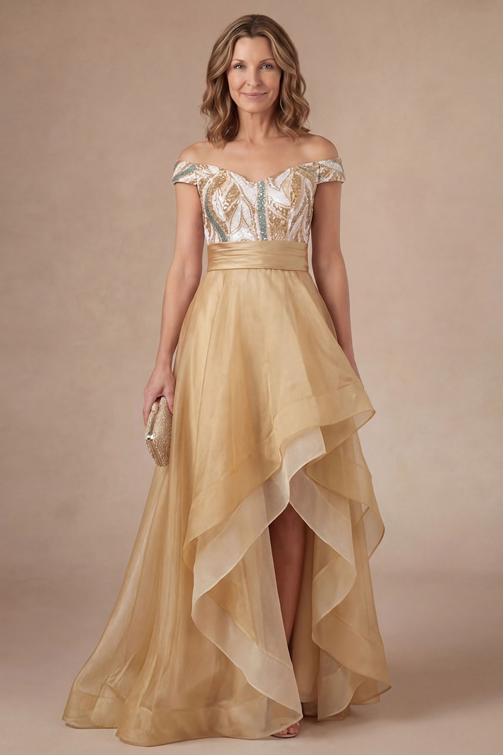 Leely Women A Line Off the Shoulder Champagne High Low Mother of the Bride Dress Backless Sleeveless Evening Dress