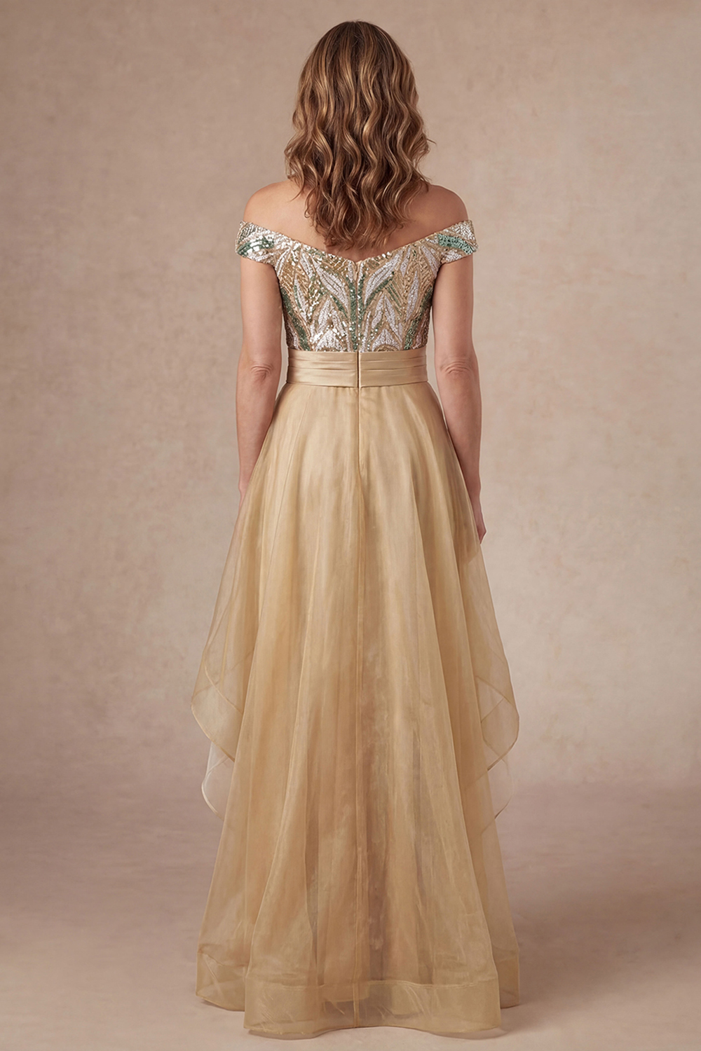 A Line Off the Shoulder Champagne Backless High Low Mother of the Bride Dress