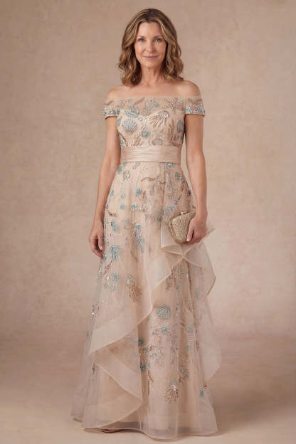 Leely Women Sparkly Beaded Blush A Line Long Mother of the Bride Dress Ruffled Off the Shoulder Backless Evening Dress