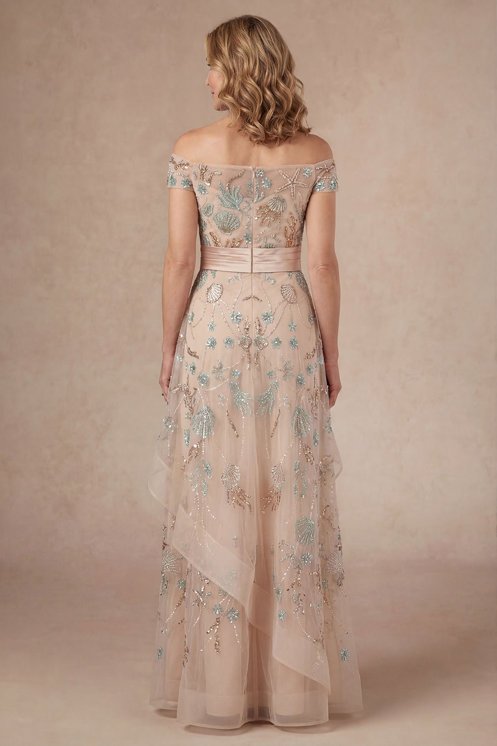 Sparkly Beaded Blush A Line Ruffled Off the Shoulder Long Mother of the Bride Dress