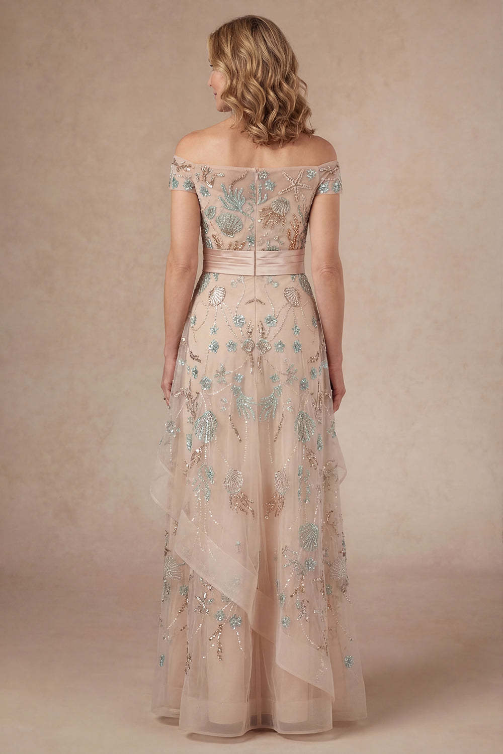 Sparkly Beaded Blush A Line Ruffled Off the Shoulder Long Mother of the Bride Dress