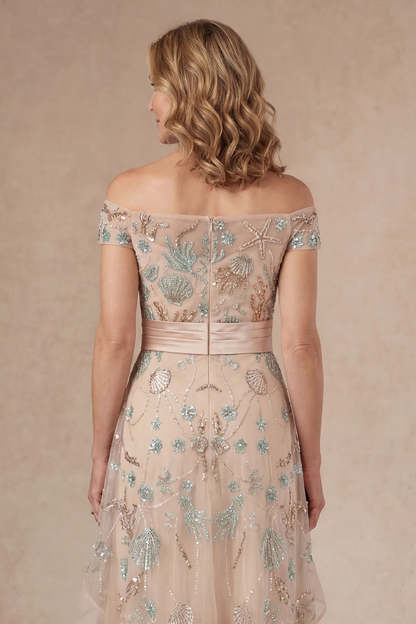 Sparkly Beaded Blush A Line Ruffled Off the Shoulder Long Mother of the Bride Dress