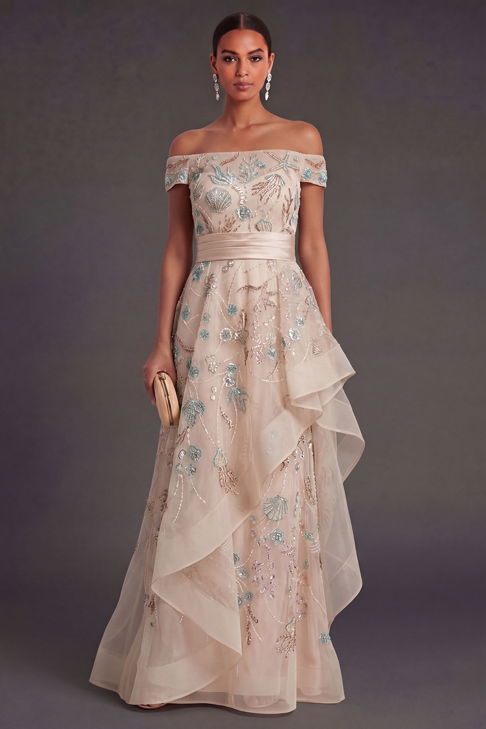 Leely Women Sparkly Beaded Blush A Line Long Formal Dress Ruffled Off the Shoulder Backless Evening Dress