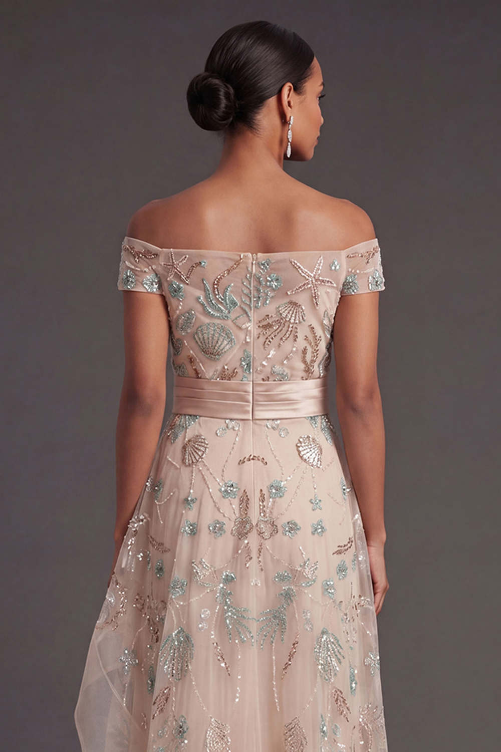Sparkly Beaded Blush A Line Ruffled Off the Shoulder Long Formal Dress