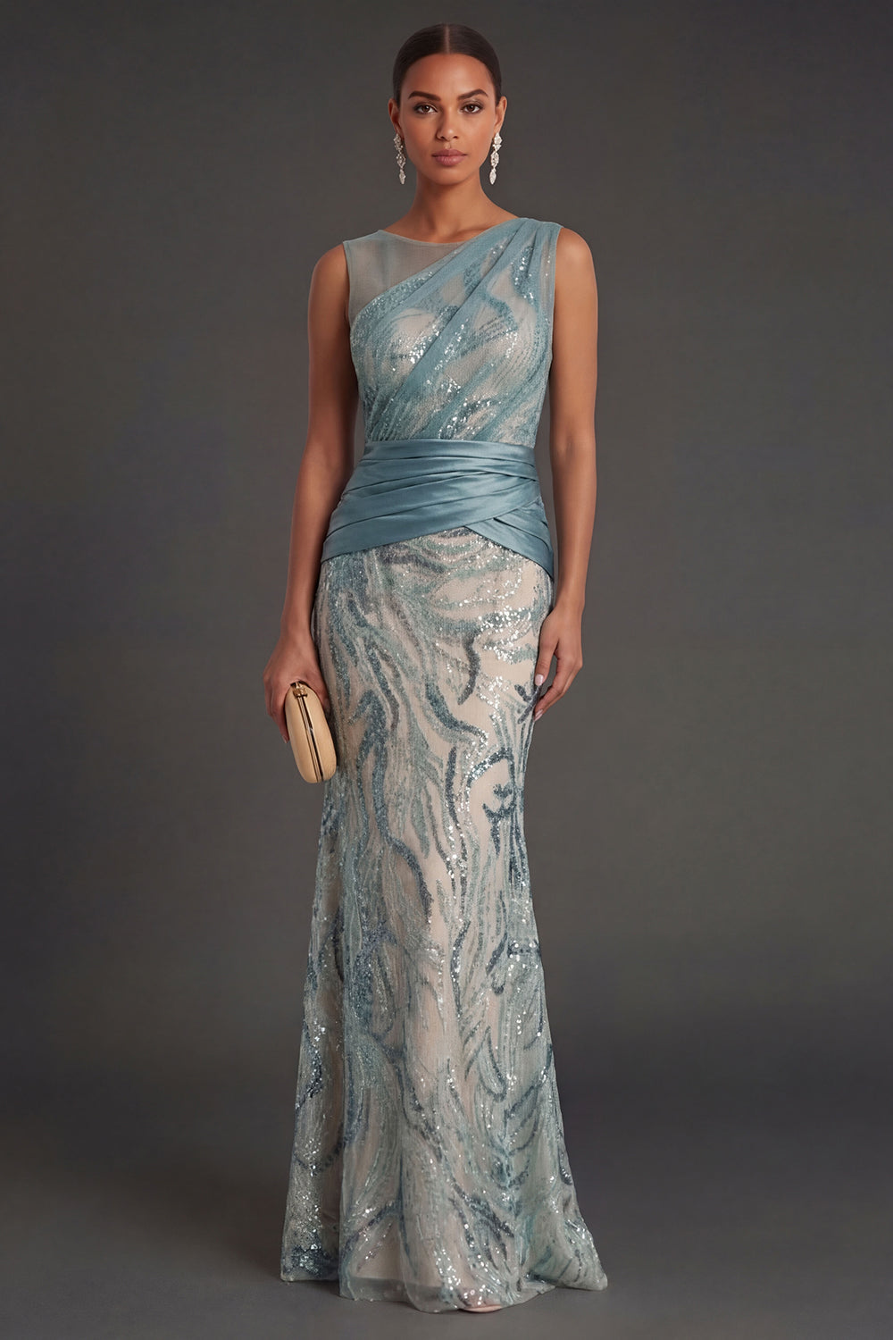 Leely Women Sheath Sparkly Round Neck Lake Blue Long Prom Dress Sequined Sleeveless Wedding Guest Dress