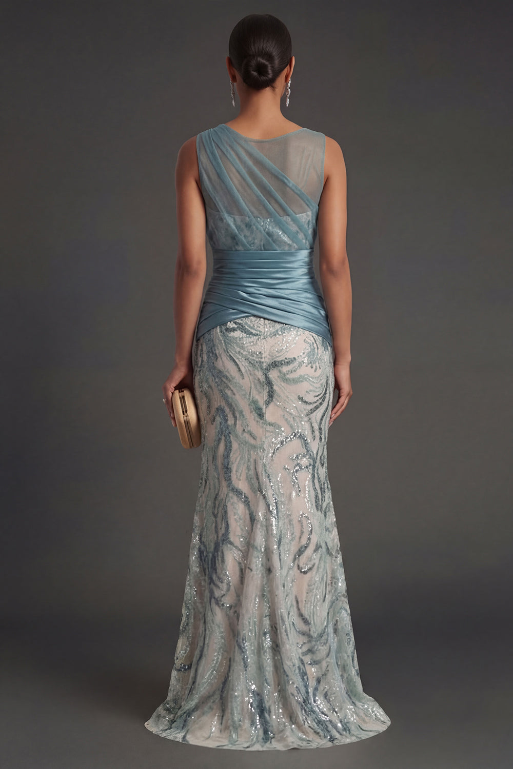 Sheath Sparkly Sequined Round Neck Lake Blue Long Prom Dress