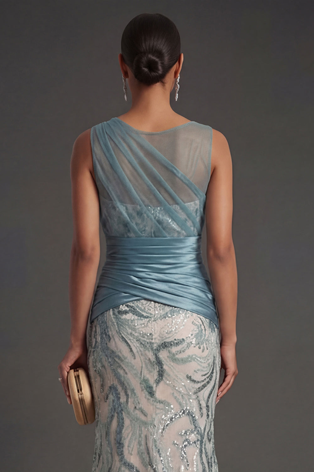 Sheath Sparkly Sequined Round Neck Lake Blue Long Prom Dress