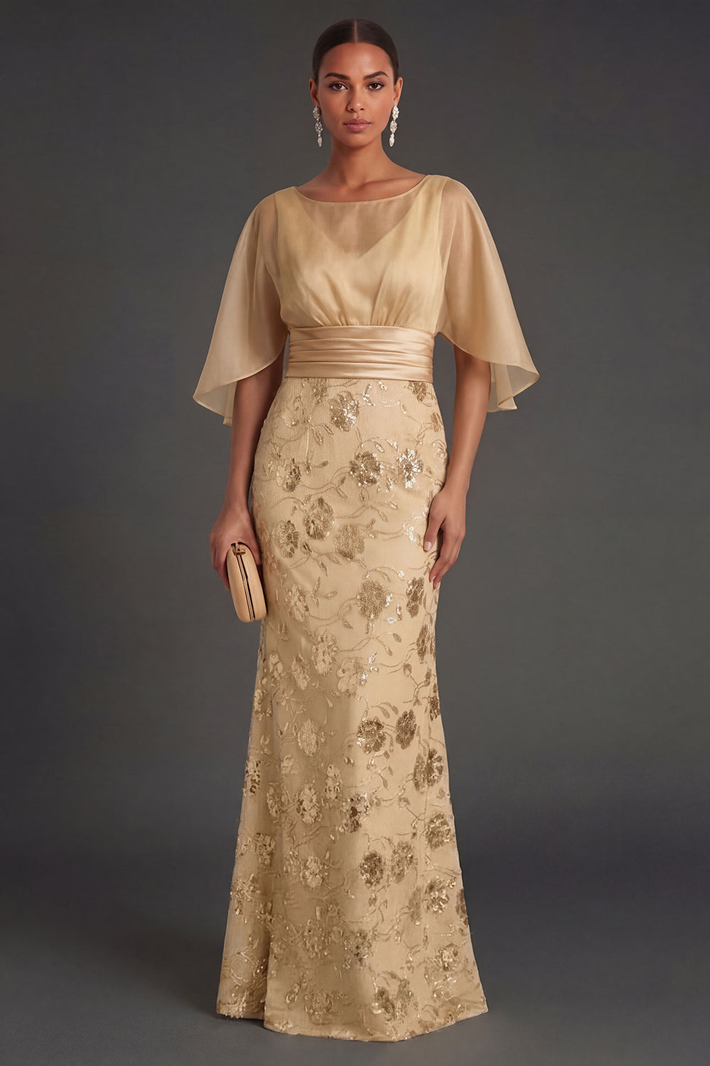 Leely Women Champagne Sheath Floral Long Formal Dress Appliqued Illusion Neck Flutter Sleeves Evening Dress