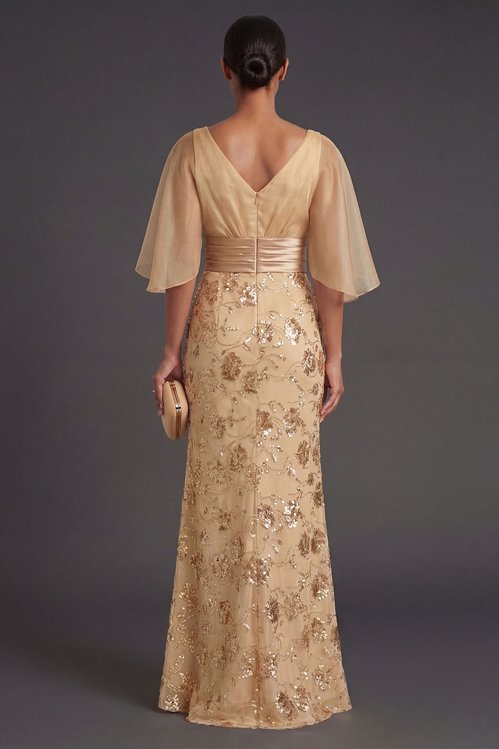 Champagne Sheath Floral Appliqued Illusion Neck Long Formal Dress