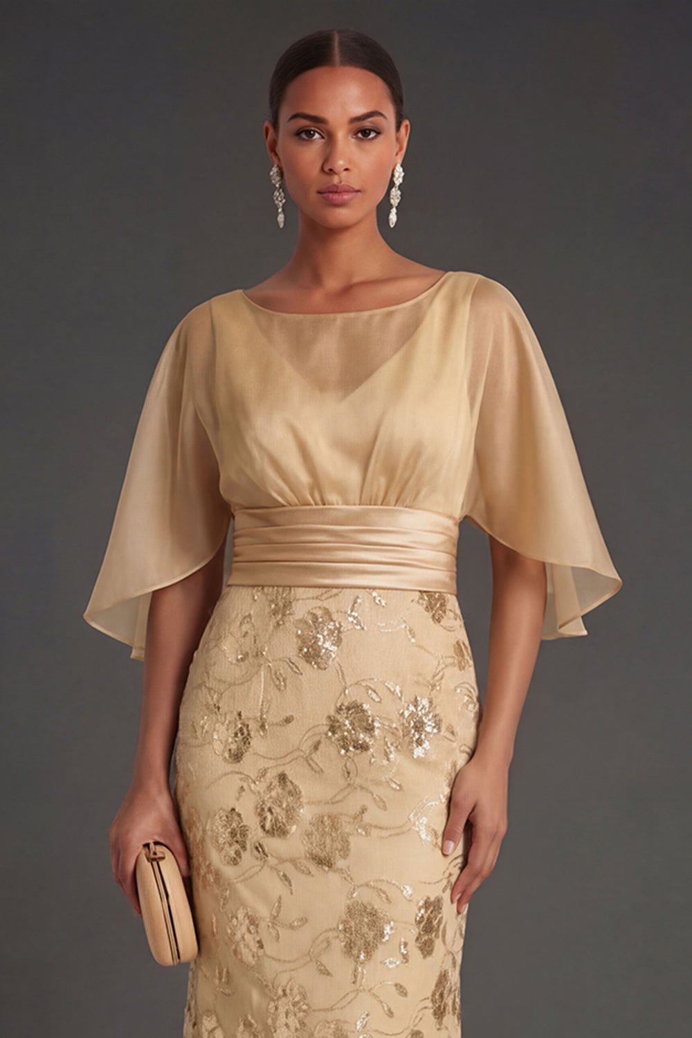 Champagne Sheath Floral Appliqued Illusion Neck Long Formal Dress