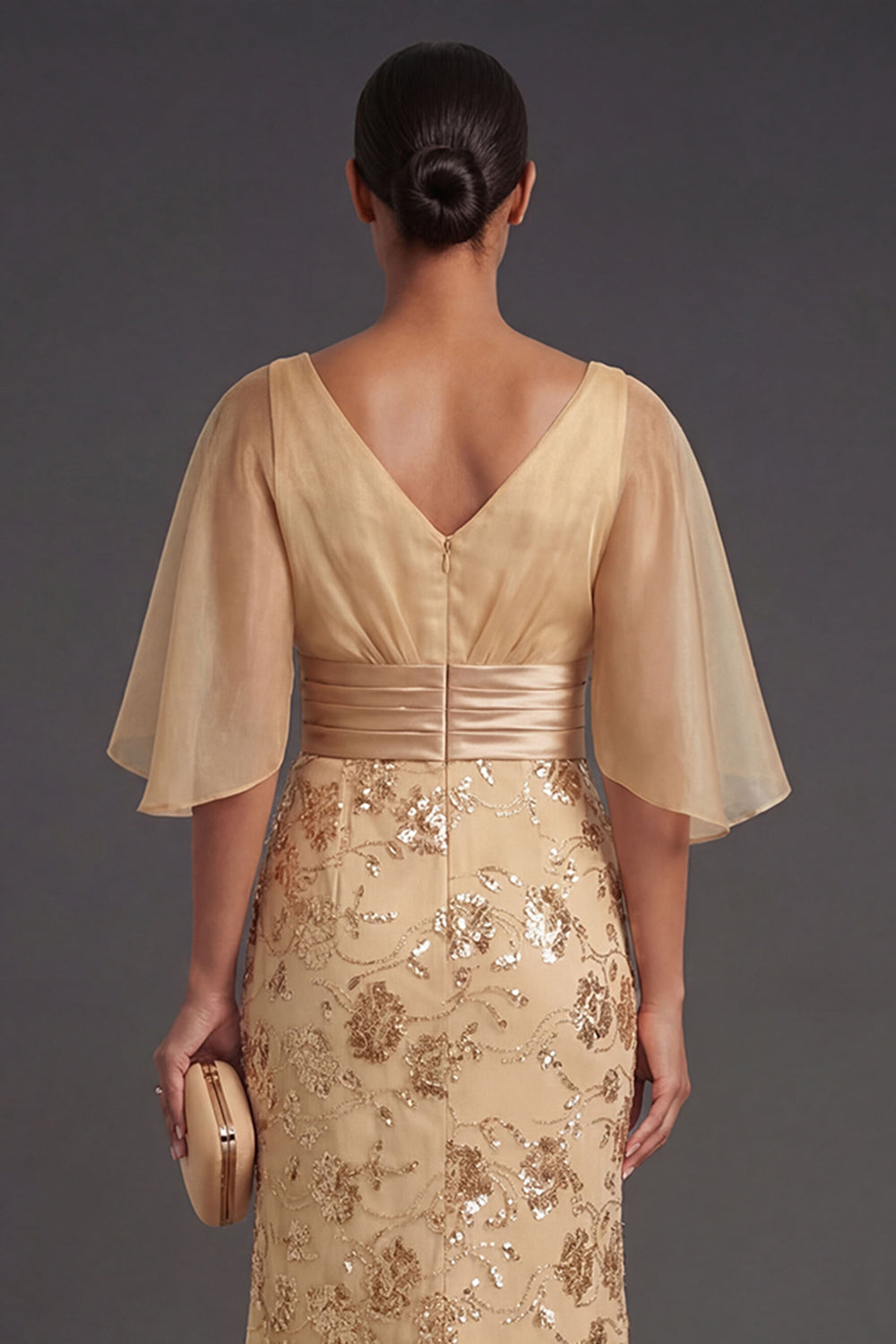 Champagne Sheath Floral Appliqued Illusion Neck Long Formal Dress