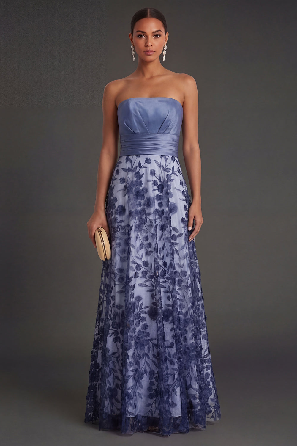 Navy Floral Strapless A Line Ruched Long Formal Dress