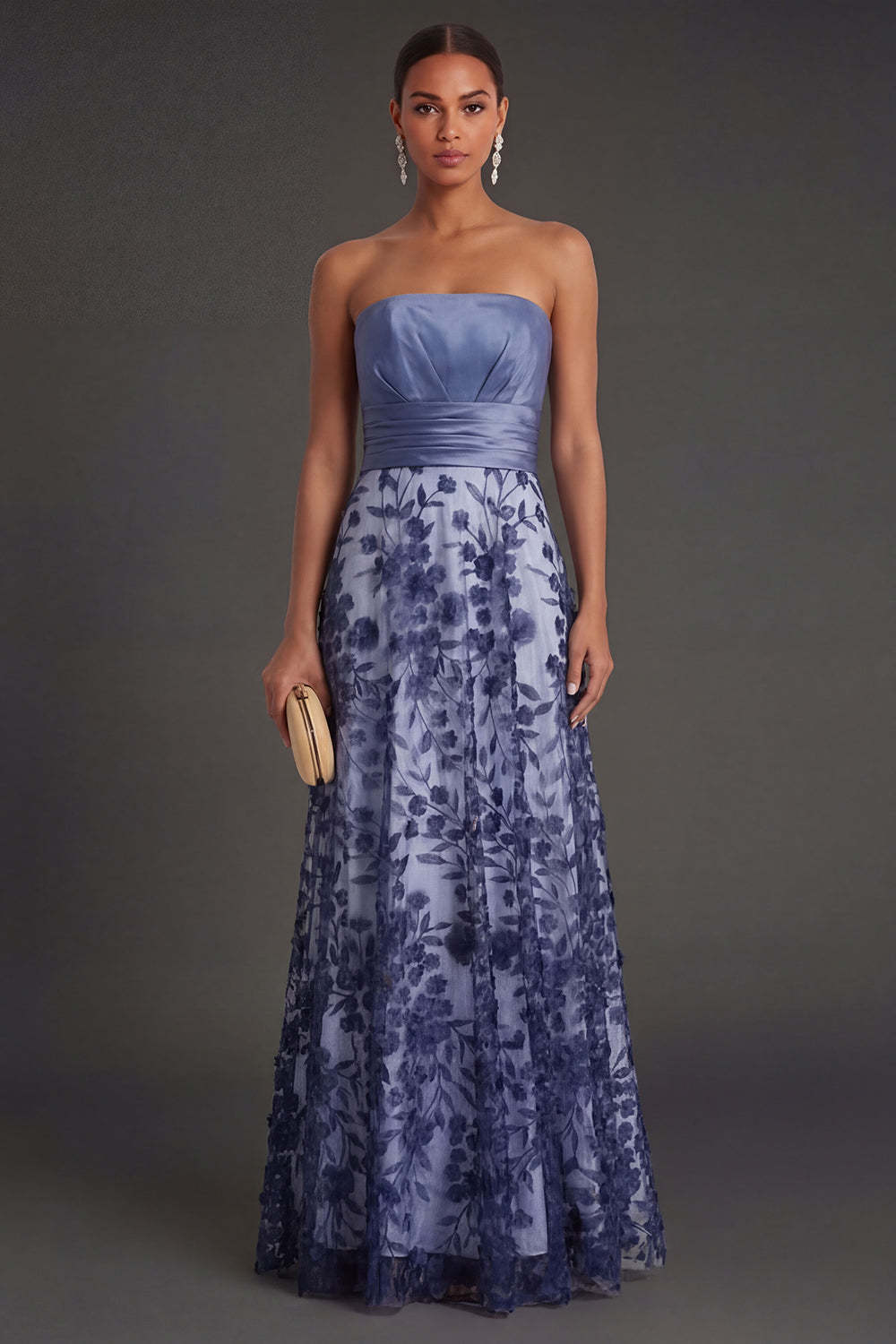 Leely Women Navy Floral Strapless A Line Ruched Long Formal Dress Backless Sleeveless Wedding Guest Dress