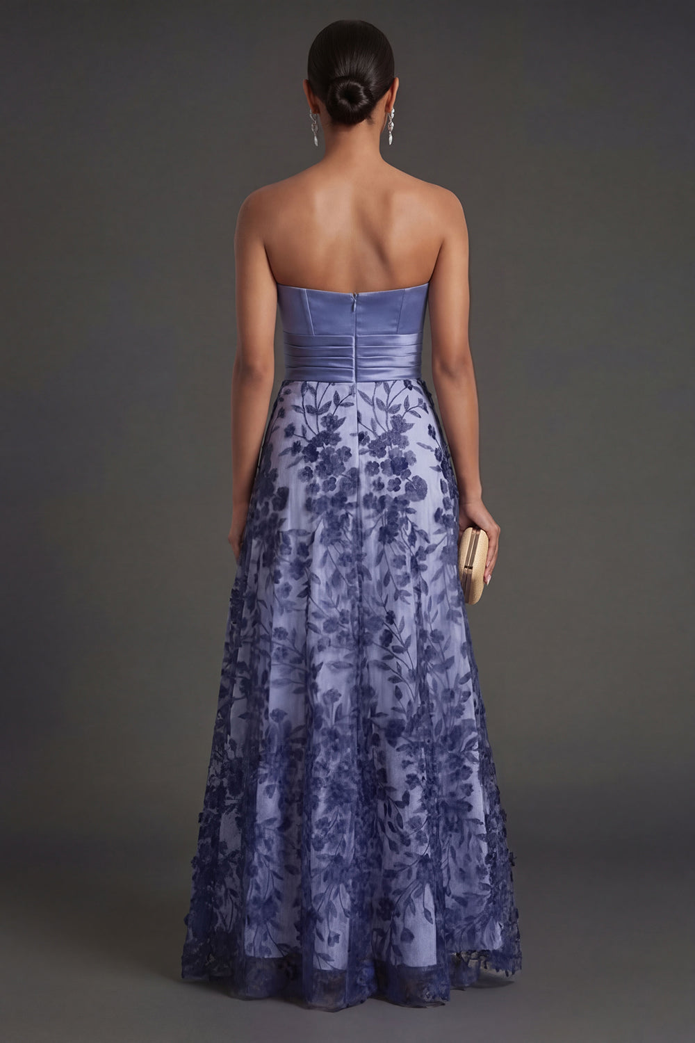 Navy Floral Strapless A Line Ruched Long Formal Dress