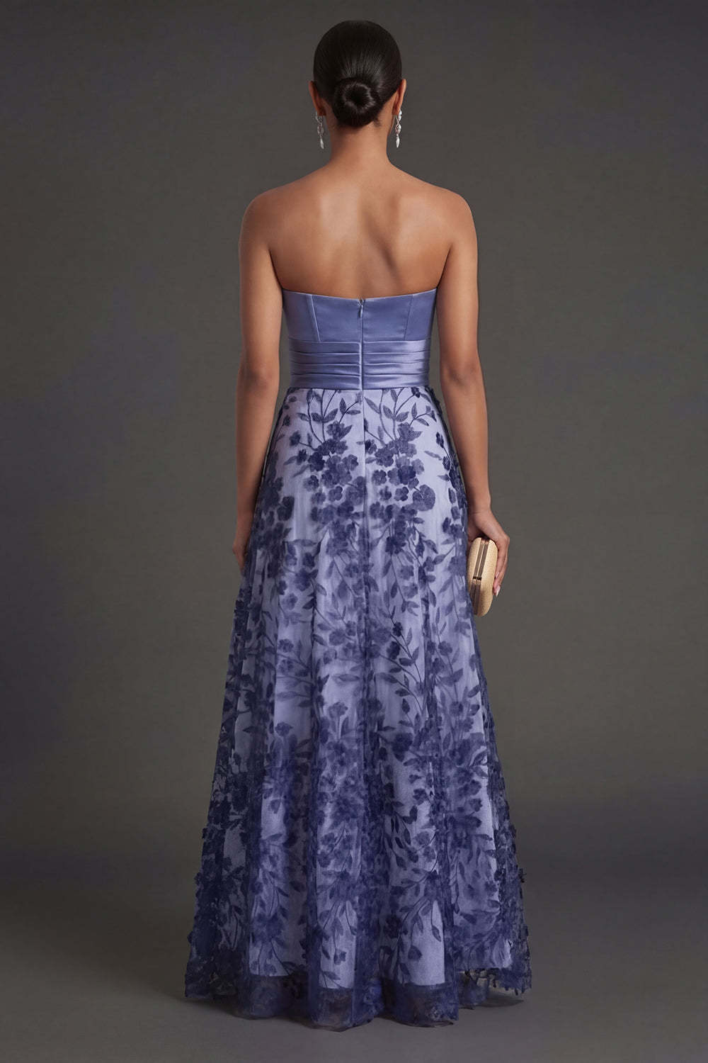 Navy Floral Strapless A Line Ruched Long Formal Dress