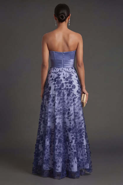 Navy Floral Strapless A Line Ruched Long Formal Dress