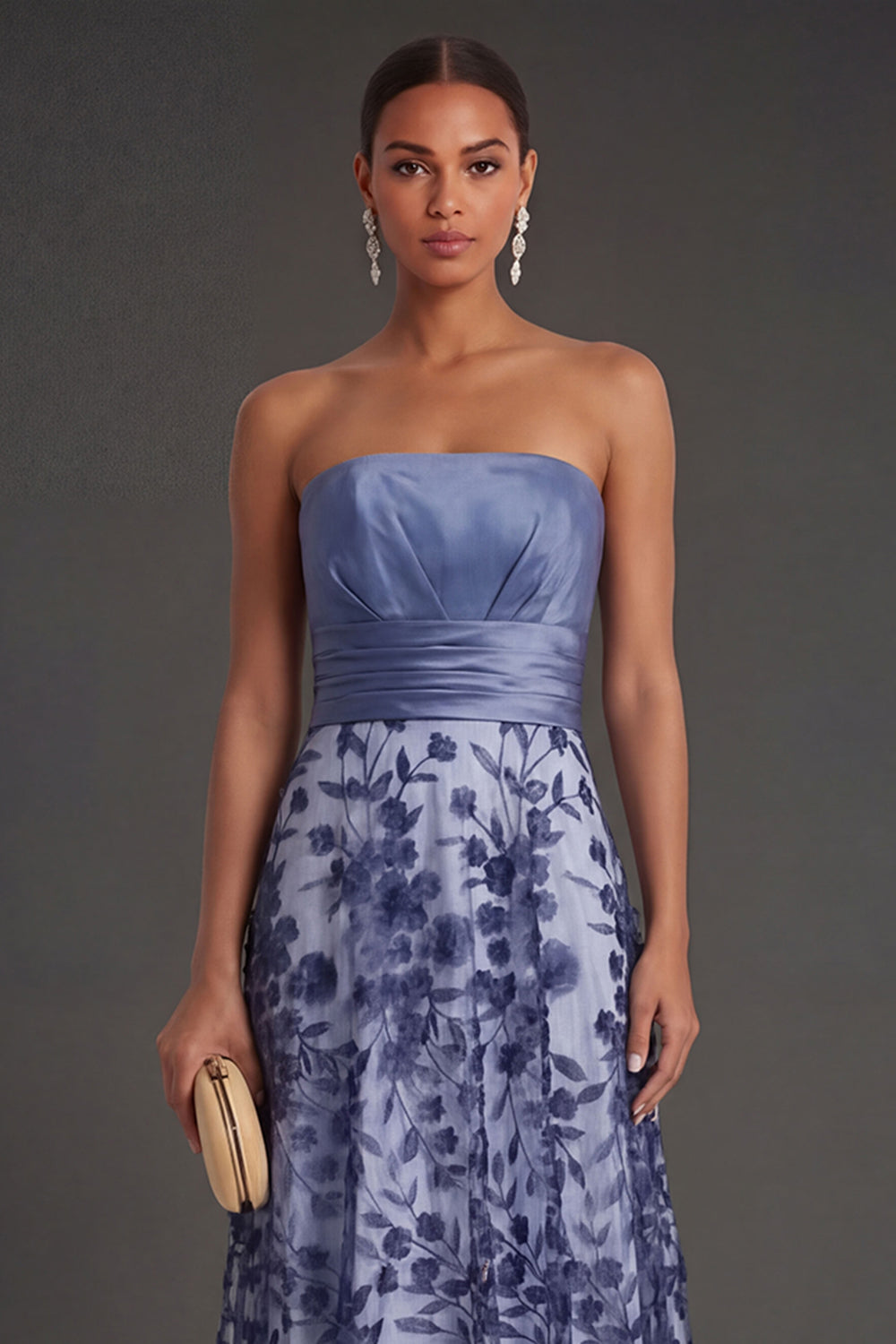 Navy Floral Strapless A Line Ruched Long Formal Dress