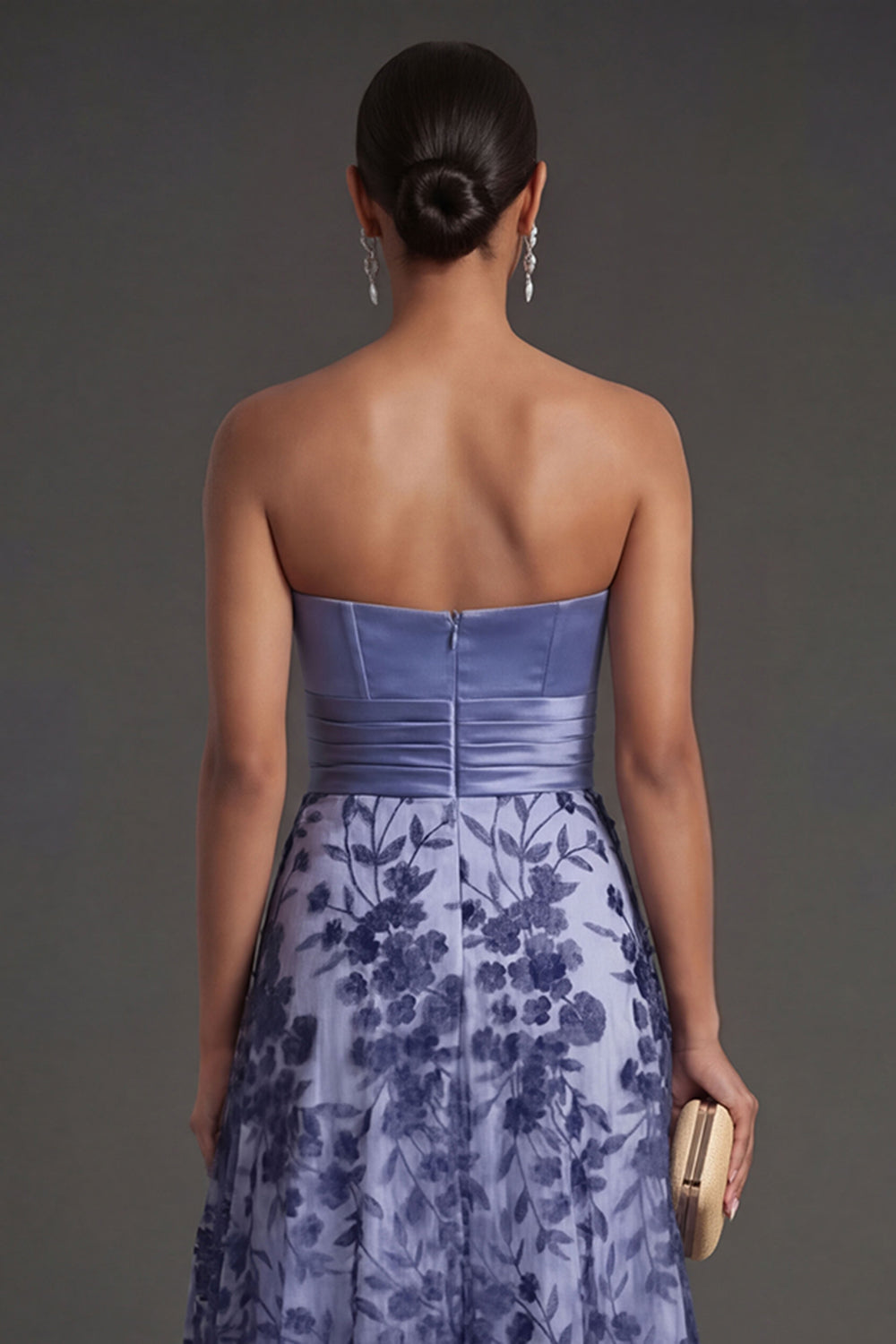 Navy Floral Strapless A Line Ruched Long Formal Dress