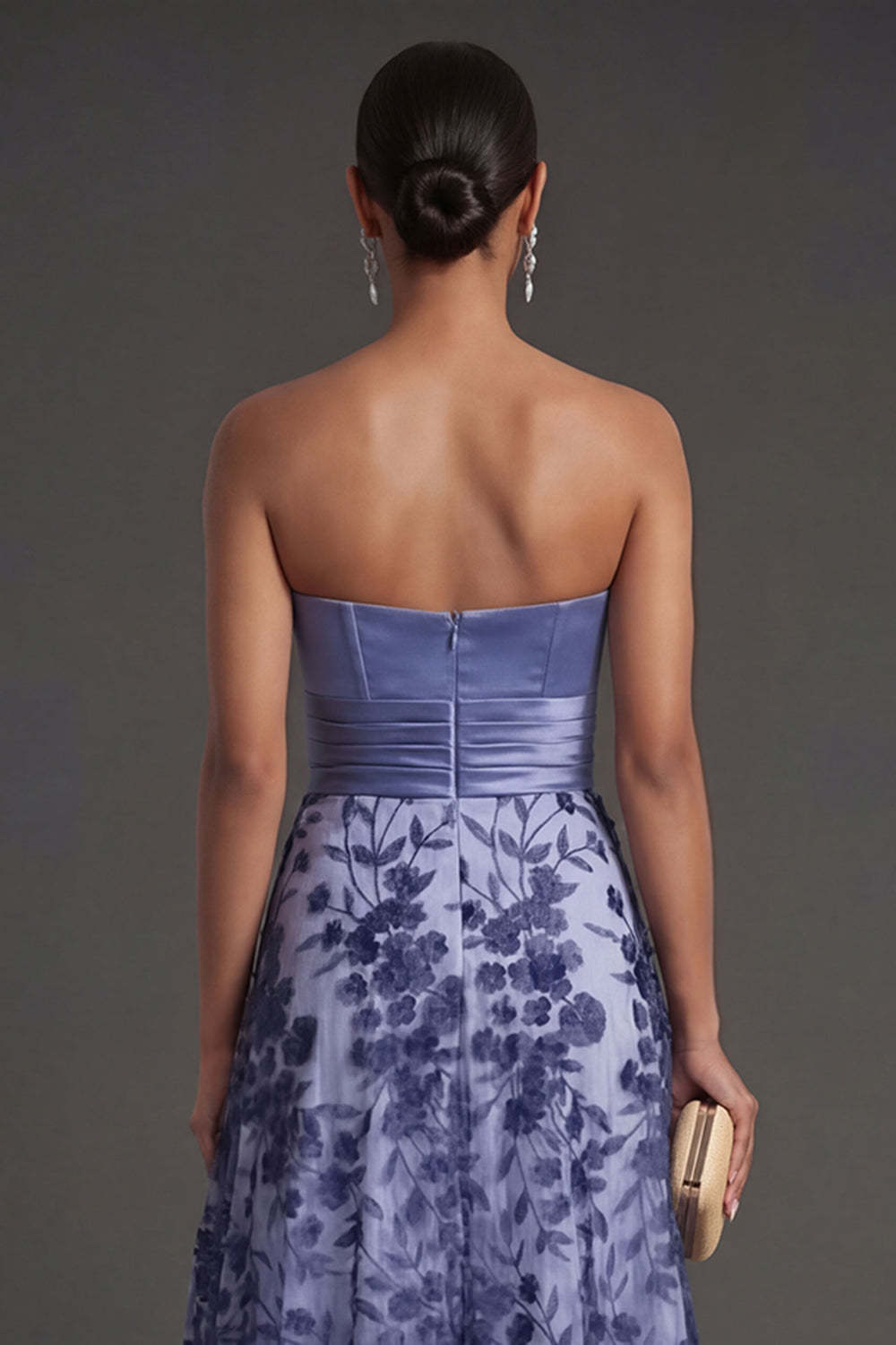 Navy Floral Strapless A Line Ruched Long Formal Dress