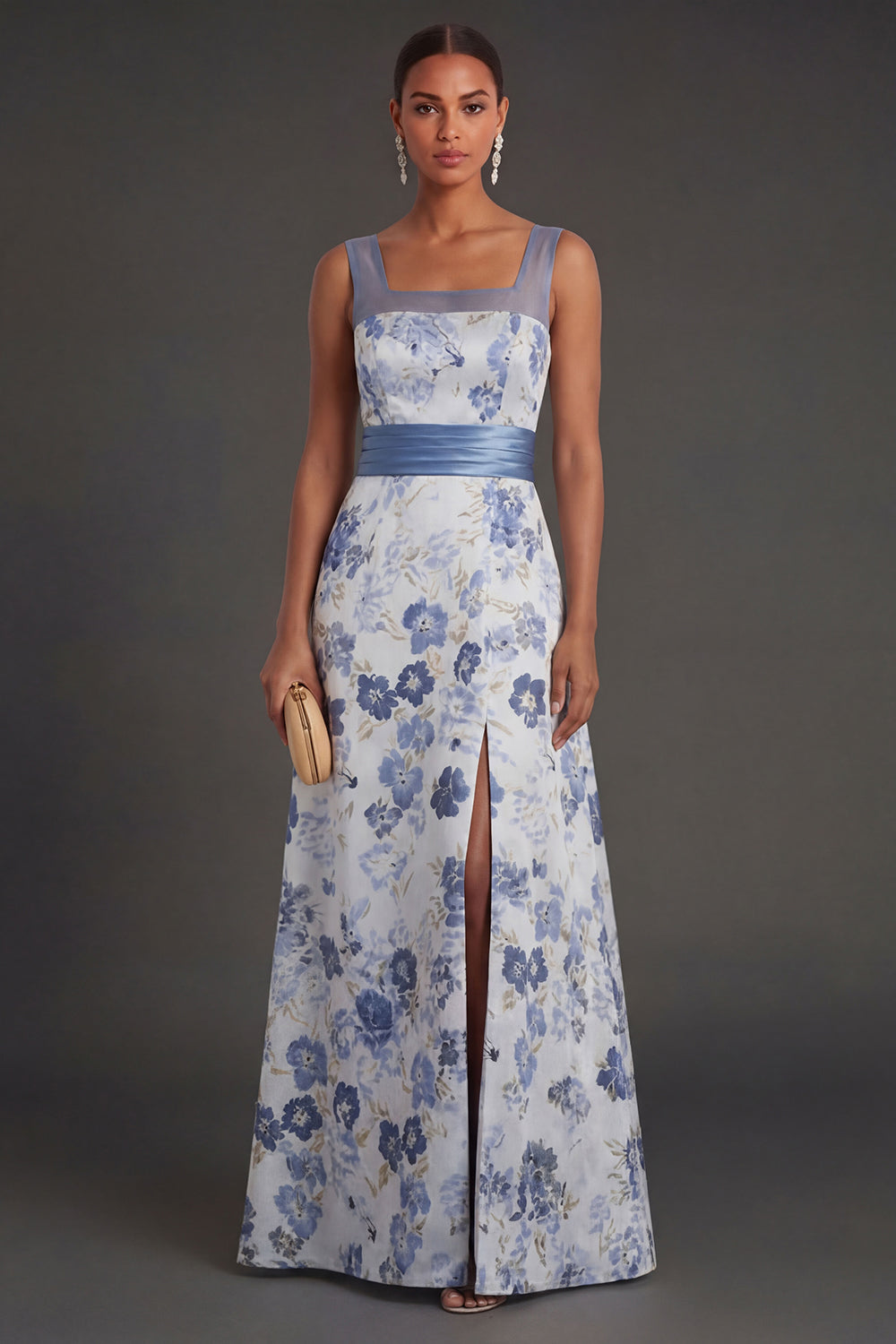Leely Women Dusty Blue Floral A Line Long Formal Dress with Slit Thick Straps Backless Sleeveless Wedding Guest Dress