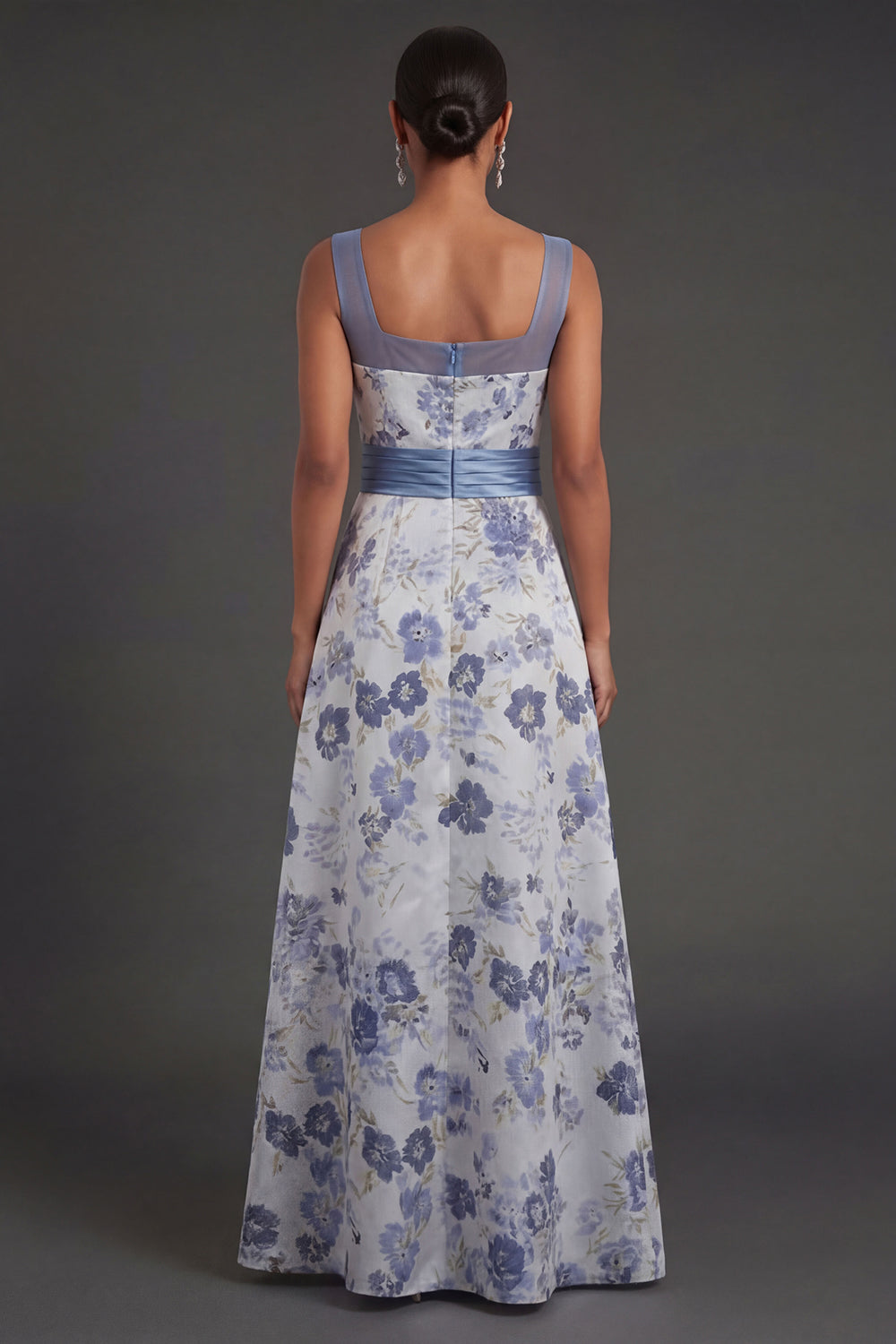 Dusty Blue Floral Thick Straps A Line Long Formal Dress with Slit