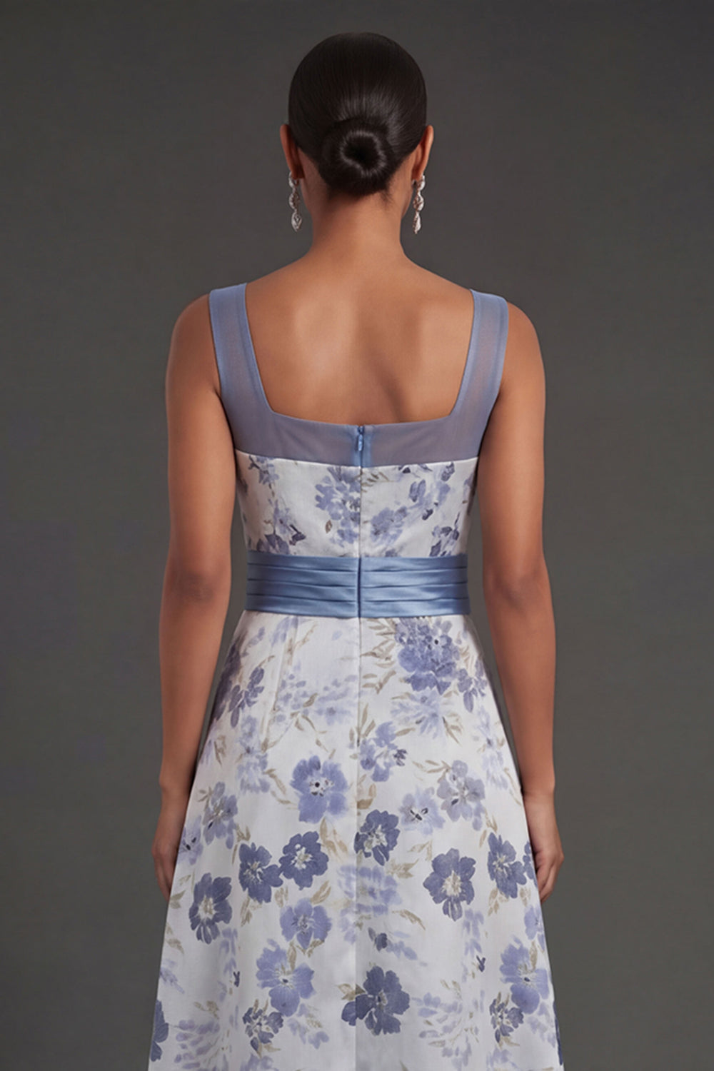 Dusty Blue Floral Thick Straps A Line Long Formal Dress with Slit
